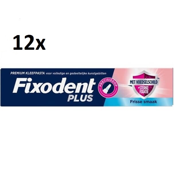 Fixodent Plus Kleefpasta voor Kunstgebit – Fris met Voedselschild - 12 x 40 gram - Voordeelverpakking