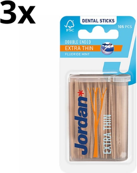 Jordan Double Ended Tandenstokers Extra Dun - 3x 105 St - Voordeelverpakking