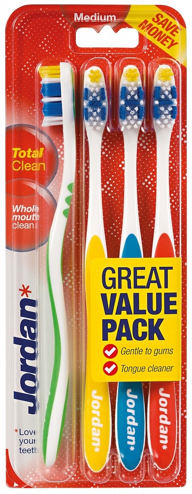 Jordan - Total Clean - Tandenborstels Medium - 4 Tandenborstels - Voordeelverpakking - 24 stuks