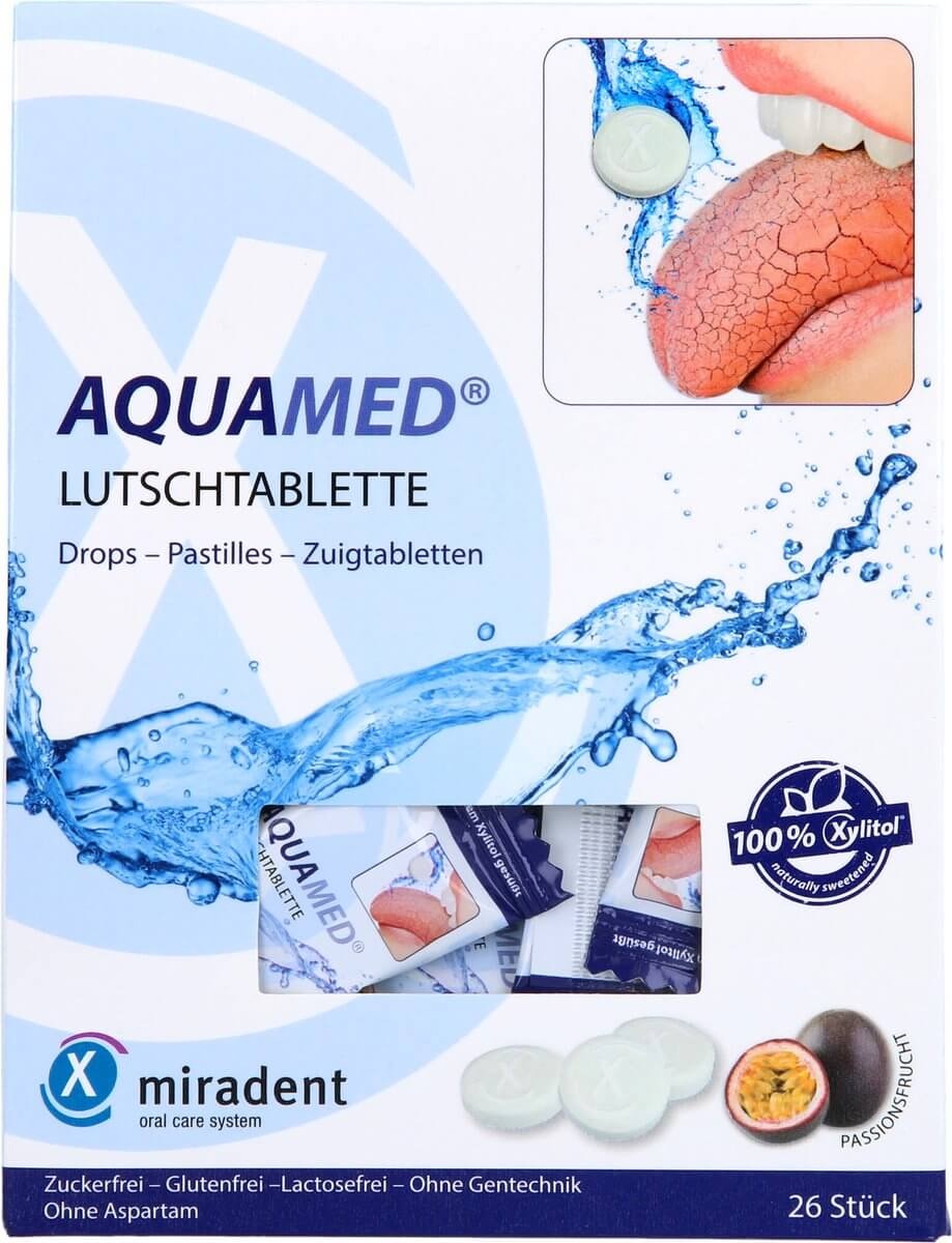 Miradent Aquamed Zuigtabletten tegen Droge Mond Passievrucht – 26 stuks