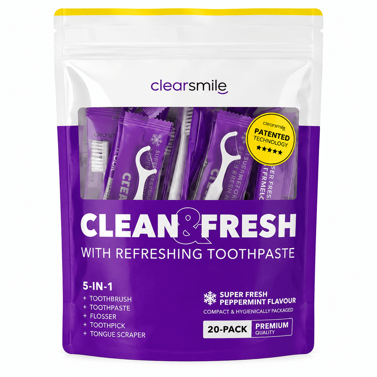 Clearsmile Clean & Fresh 5-in-1 Mondverzorgingsset | Peppermint | 20 stuks | Voor Onderweg