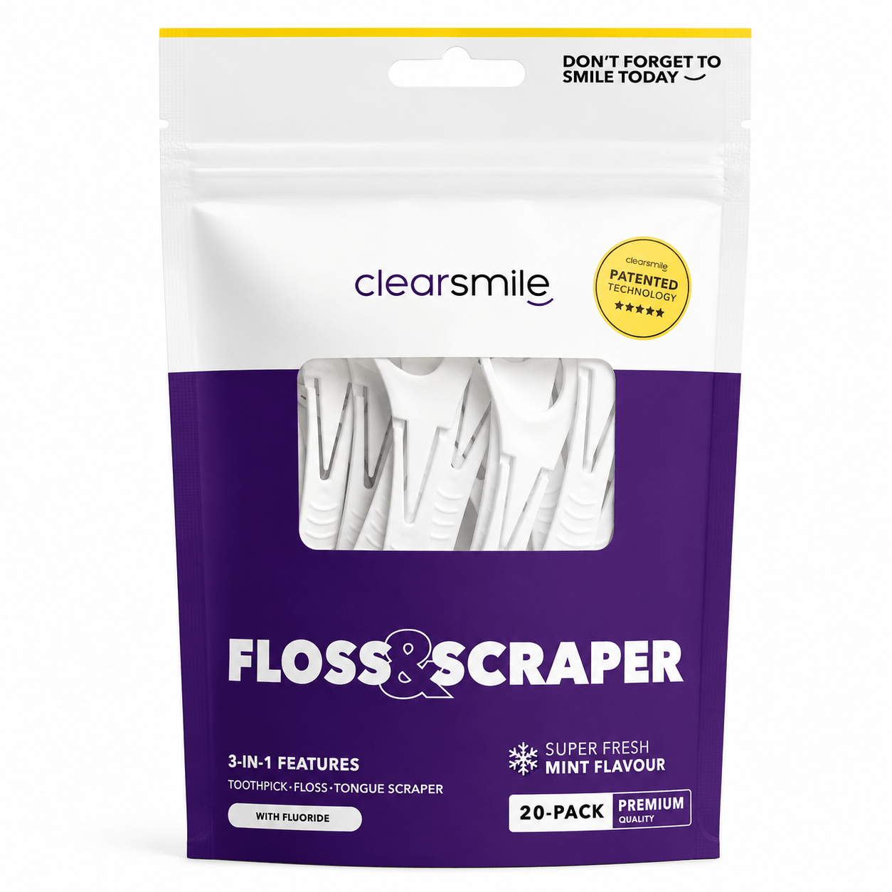 Clearsmile 3-in-1 Floss & Scraper Mint | 20 stuks | Flossen & Tongreiniging | 20 stuks