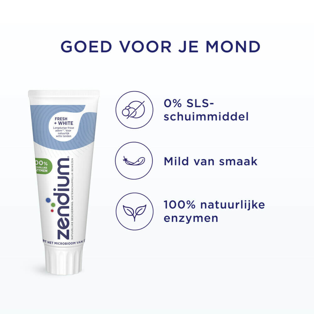 Zendium Fresh + White Tandpasta | 6 x 75 ml | Natuurlijk Witte Tanden