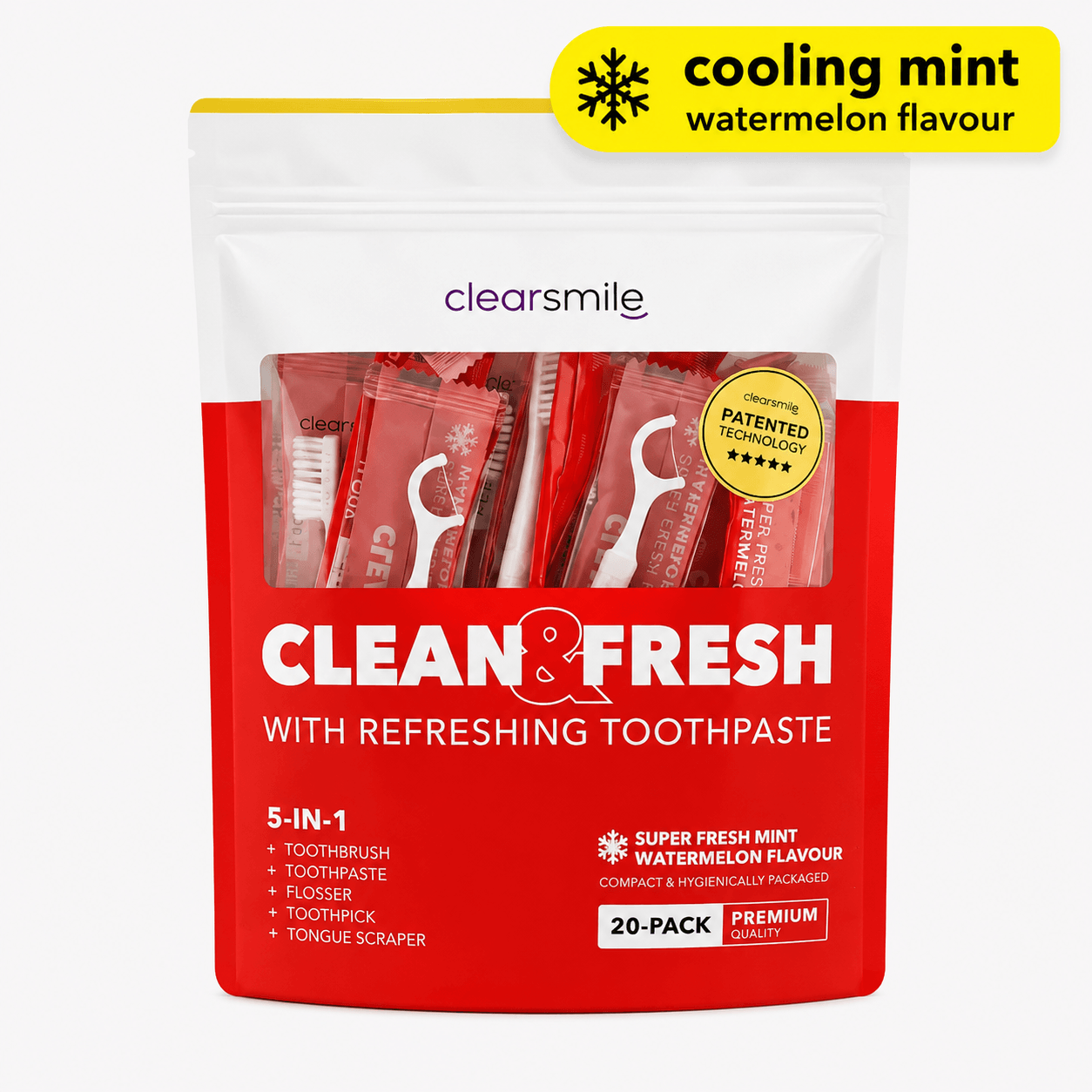 Clearsmile Clean & Fresh 5-in-1 Mondverzorgingsset | Watermelon | 20 stuks | Voor Onderweg