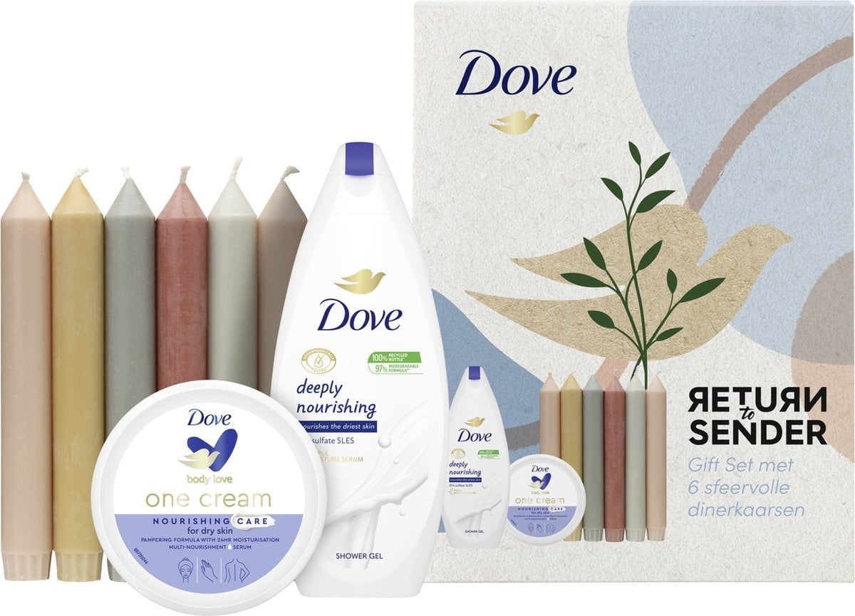 Dove Geschenkset | Return To Sender | Douchegel 250 ml + Crème 250 ml + 6 Dinerkaarsen