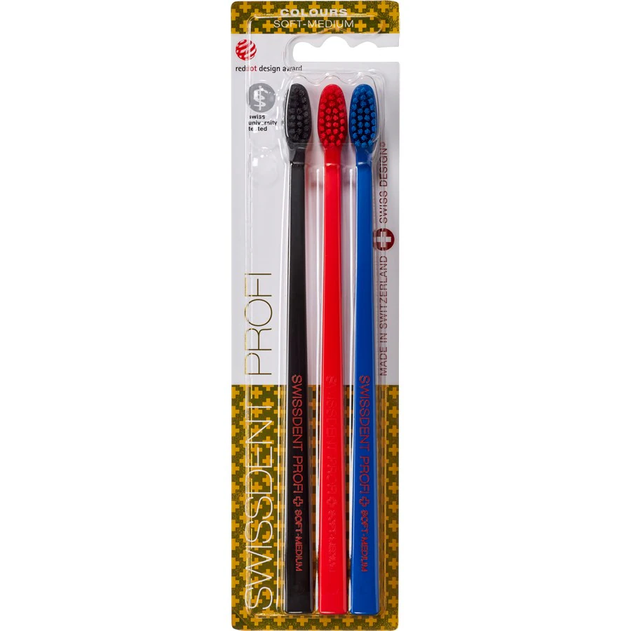 SWISSDENT PROFI Colours Tandenborstel | Soft-Medium | 3 stuks | Zwart, Rood & Blauw