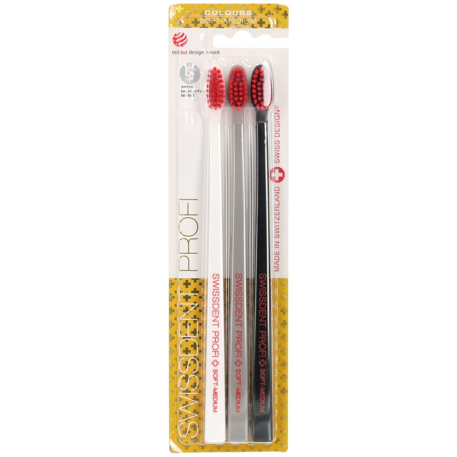 SWISSDENT PROFI Colours Tandenborstel | Soft-Medium | 3 stuks | Wit, Grijs & Zwart