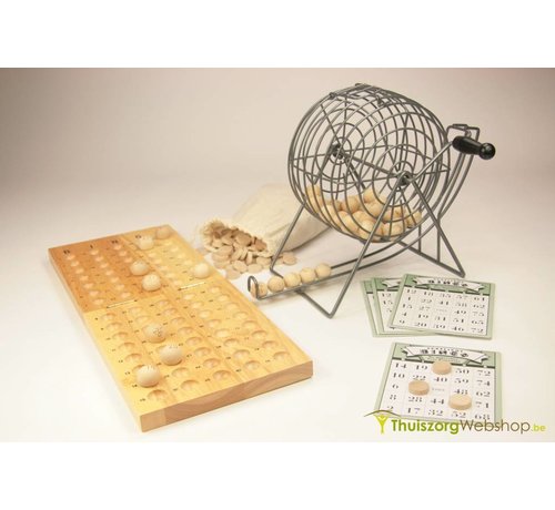 Bingo-set: molen, kaarten, houten balletjes en spelbord volledige set