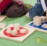 Inlegpuzzel met 3D geometrische vormen in hout