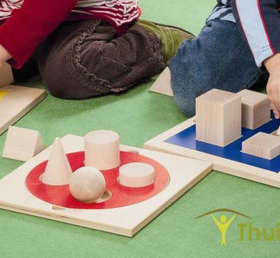 Inlegpuzzel met 3D geometrische vormen in hout