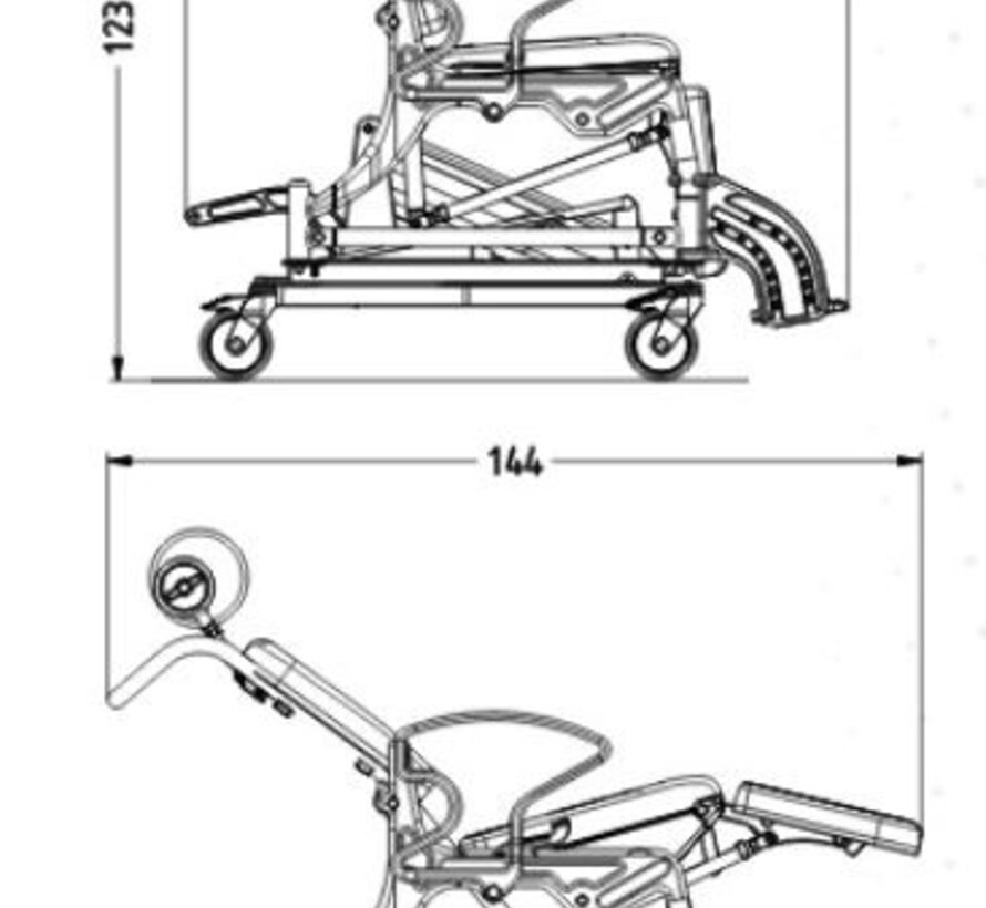 In hoogteverstelbare kantelbare verzorgingsstoel