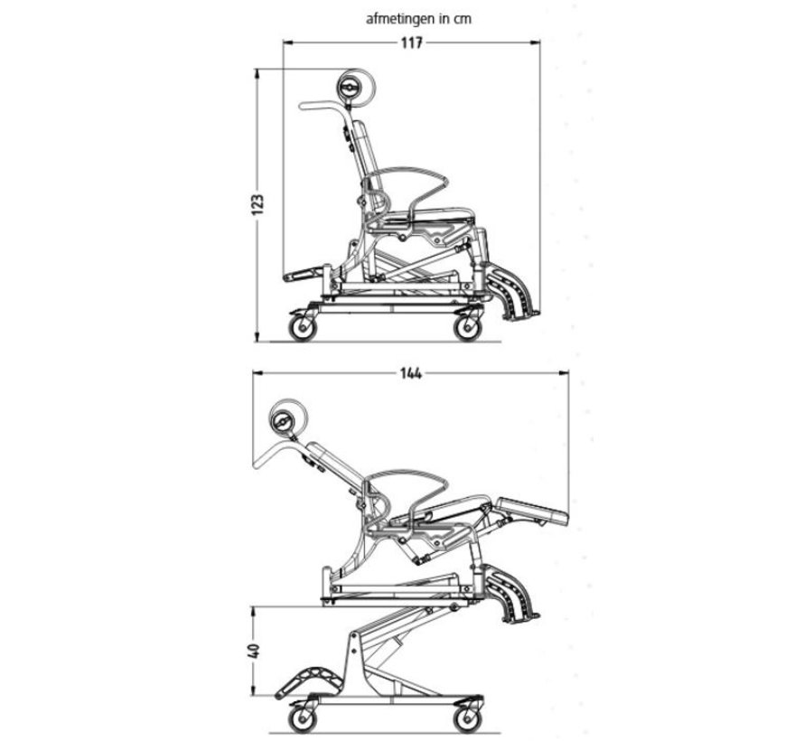 In hoogteverstelbare kantelbare verzorgingsstoel