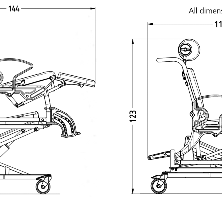 In hoogteverstelbare kantelbare verzorgingsstoel
