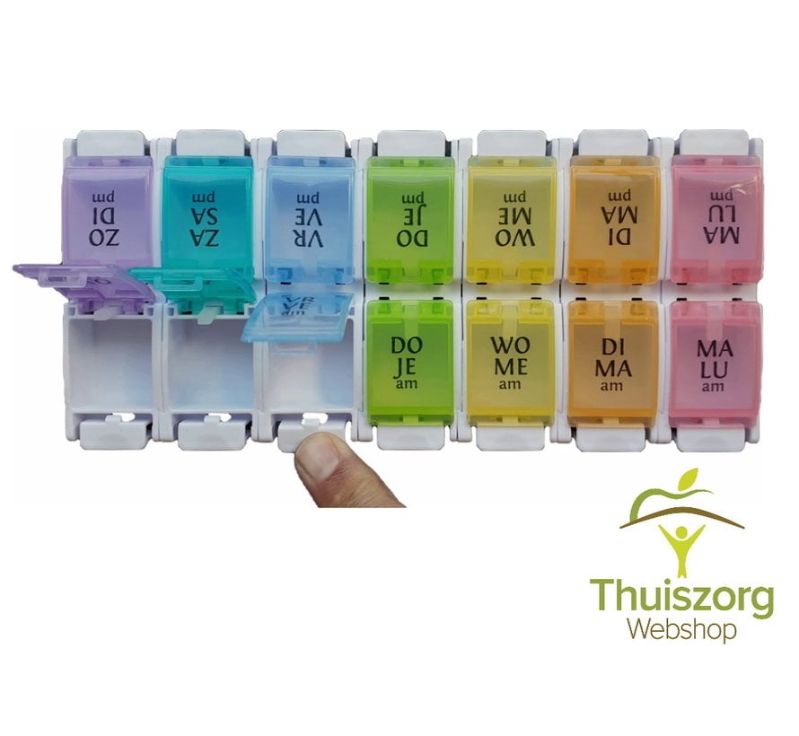 botsen thermometer shampoo Kleurrijke Medicijndoos voor een week met handige drukknoppen -  ThuiszorgWebshop.nl