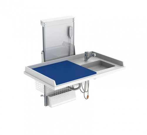 Wandgemonteerde elektrisch in hoogte verstelbare verzorgingstafel met lavabo
