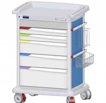 Preciso verzorgingskar met 9 modules, hoogte 110 cm, uigerust met 5 lades, kleur: blauw