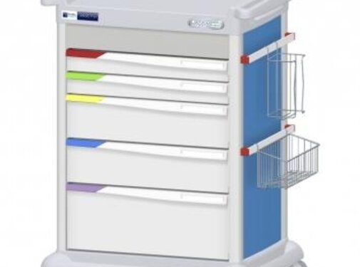 Preciso verzorgingskar met 9 modules, hoogte 110 cm, uigerust met 5 lades, kleur: blauw