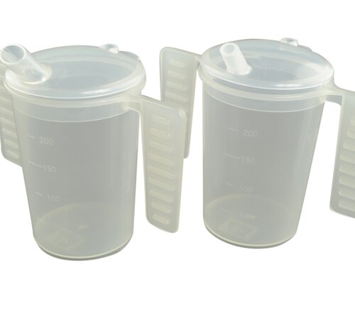 Drinkbeker met platte handgrepen en twee tuitdeksels