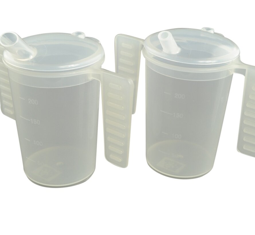 Drinkbeker met platte handgrepen en twee tuitdeksels