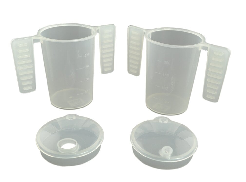 Drinkbeker met platte handgrepen en twee tuitdeksels