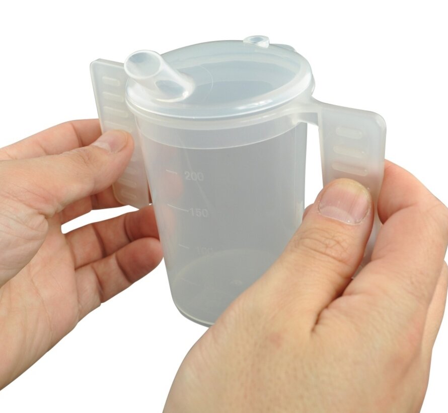 Drinkbeker met platte handgrepen en twee tuitdeksels
