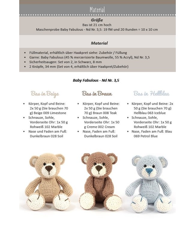 Haakpret Bärchen Bas mit bewegbaren beinen  -  A5 werkbeschrijving (Duits) - Anja Toonen