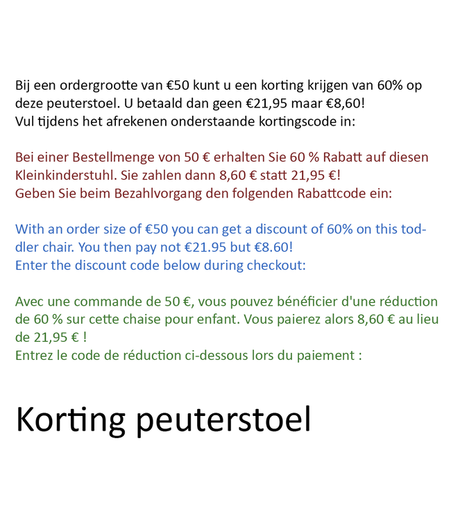 Haakpret korting peuterstoel - 60% korting korting boven 50 euro  / Maximaal 1x per order