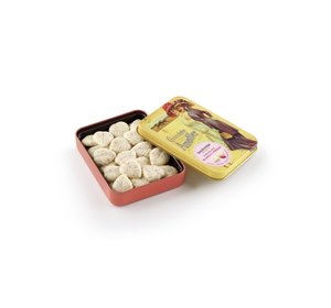 Blikje witte chocolade bloemblaadjes met aardbeien (72gr)
