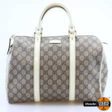 Gucci Boston Handbag Beige Monogram Canvas &amp; Wit Leer