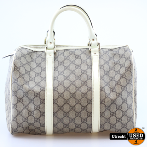 Gucci Boston Handbag Beige Monogram Canvas &amp; Wit Leer