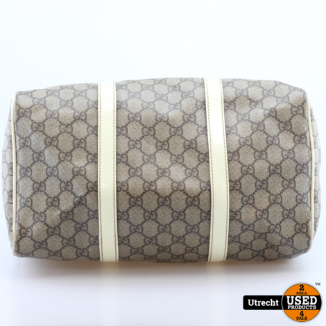 Gucci Boston Handbag Beige Monogram Canvas &amp; Wit Leer