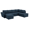 Stan slaapbank, hoek rechts met chaise longue links, in blauw.