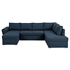 Stan slaapbank, hoek rechts met chaise longue links, in blauw.