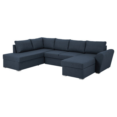 Stan slaapbank, hoek links met chaise longue rechts, in blauw.