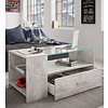 Tindala salontafel met glazen blad, 1 lade, 3 plankenBetonlook.