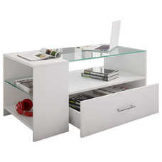 Tindala salontafel met glazen blad, 1 lade, 3 plankenwit.