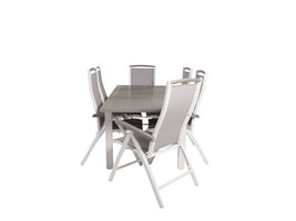 Albany tuinmeubelset tafel 90x152/210cm en 6 stoel 5pos Albany wit, grijs, crèmekleur.