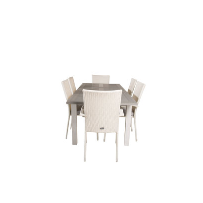 Albany tuinmeubelset tafel 90x152/210cm en 6 stoel Anna wit, grijs, crèmekleur.