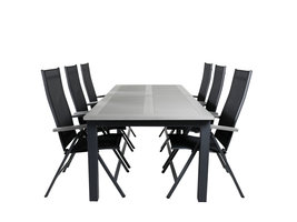 Albany tuinmeubelset tafel 100x224/324cm en 6 stoel L5pos Albany zwart, grijs.