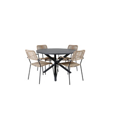 Alma tuinmeubelset tafel Ø120cm en 4 stoel armleuningL Lindos zwart.