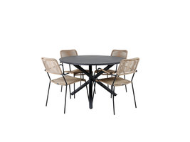 Alma tuinmeubelset tafel Ø120cm en 4 stoel armleuningL Lindos zwart.