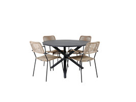 Alma tuinmeubelset tafel Ã˜120cm en 4 stoel armleuningL Lindos zwart.
