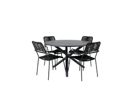 Alma tuinmeubelset tafel Ø120cm en 4 stoel armleuningS Lindos zwart.