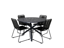 Alma tuinmeubelset tafel Ã˜120cm en 4 stoel stapelS Lindos zwart.
