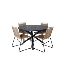 Alma tuinmeubelset tafel Ø120cm en 4 stoel stapelL Lindos zwart.