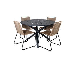 Alma tuinmeubelset tafel Ø120cm en 4 stoel stapelL Lindos zwart.