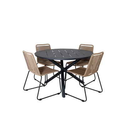 Alma tuinmeubelset tafel Ø120cm en 4 stoel stapelL Lindos zwart.