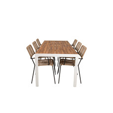 Bois tuinmeubelset tafel 90x205cm en 6 stoel armleuning Lindos zwart, naturel, wit.