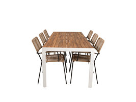 Bois tuinmeubelset tafel 90x205cm en 6 stoel armleuning Lindos zwart, naturel, wit.