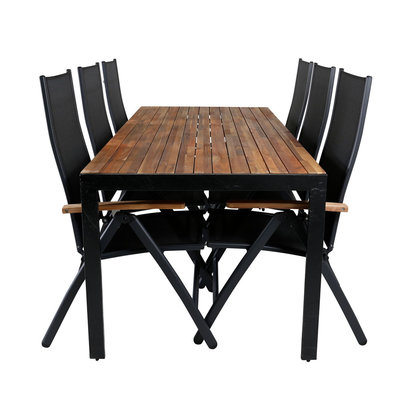 Bois tuinmeubelset tafel 90x205cm en 6 stoel Panama zwart, naturel.